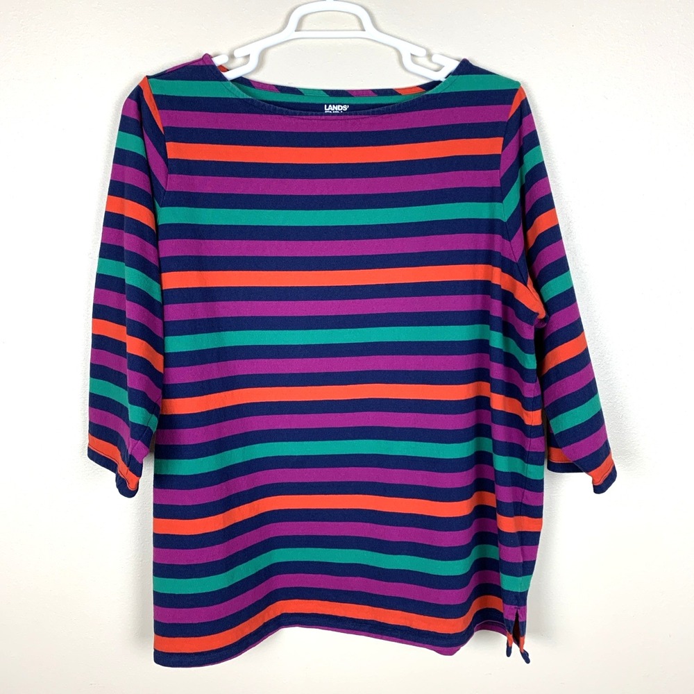 Lands End 3/4 Sleeve Boat Neck Breton Top Size 2X Striped Knit Coastal Colorful